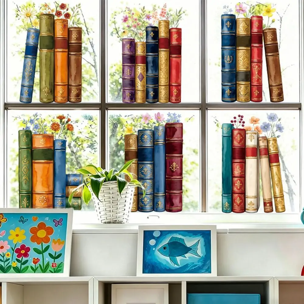 6PCS/Set Multicolor Bookshelf Window Stickers Cartoon Books Static Cling Glass Decals No Residue No Fade Bookshelf Window Decals