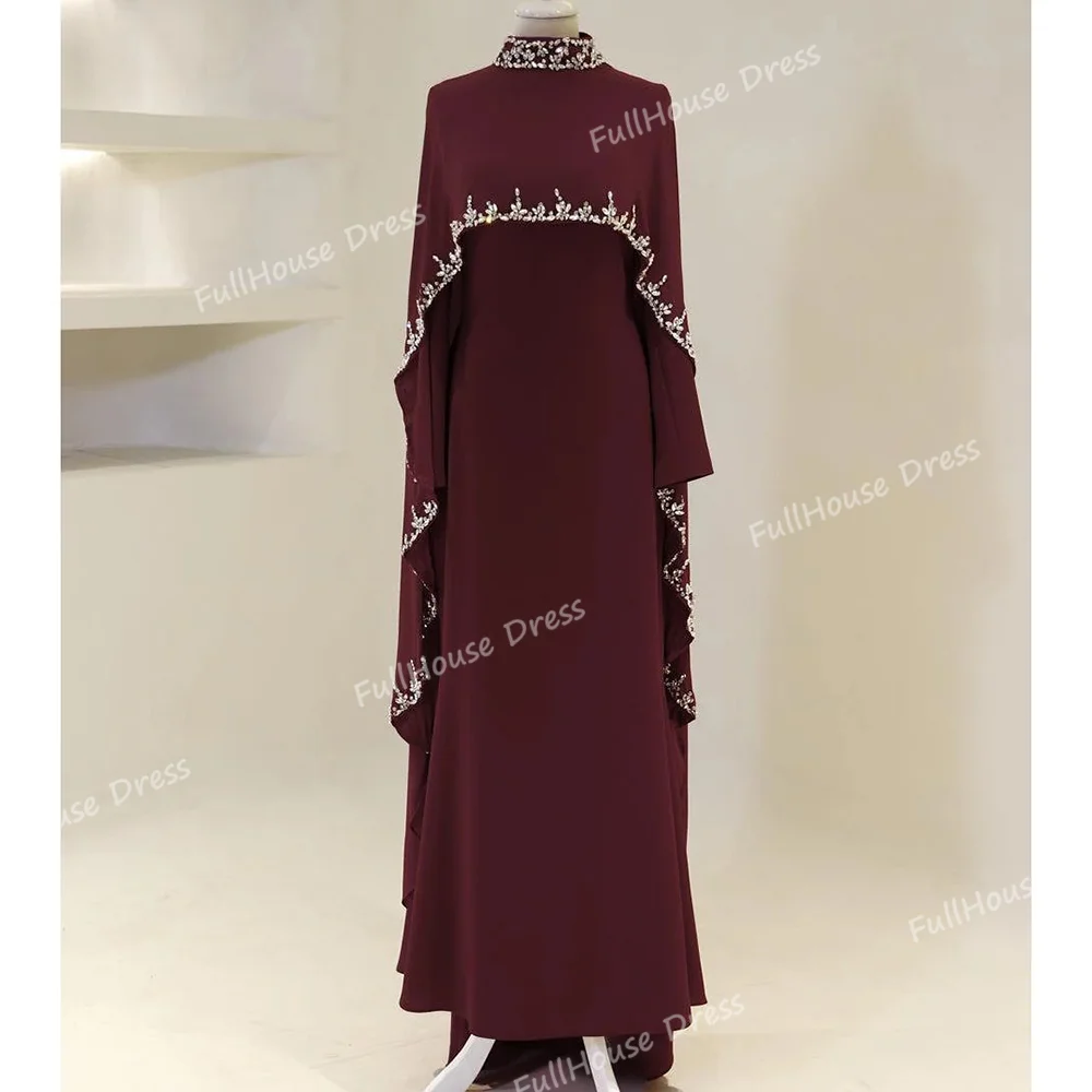 أدلى مخصص أنيقة الرقبة العالية مطرز كريستال كيب ثوب مسائي مثير مستقيم طويل فستان سعودي مع المحكمة شارون سعيد