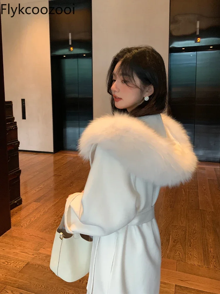 

2025 New Woolen New Faux Fur Mid-length Hooded Double-sided Cashmere Jacket for Girls Autumn and Winter Long Coat Women