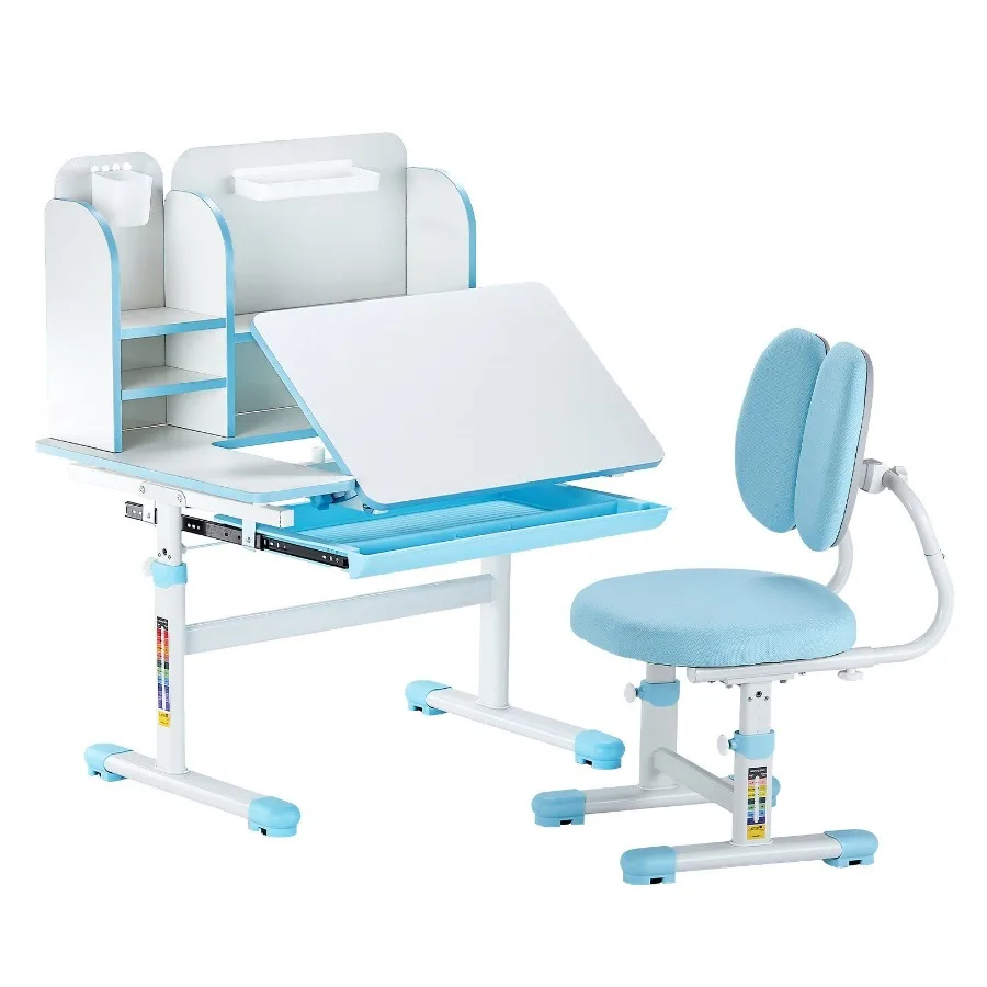 Study Chair and Desk Set Study Desk and Chair for with Bookshelf Storage Drawer Adjustable Height 040 Tilted Desktop Desk and