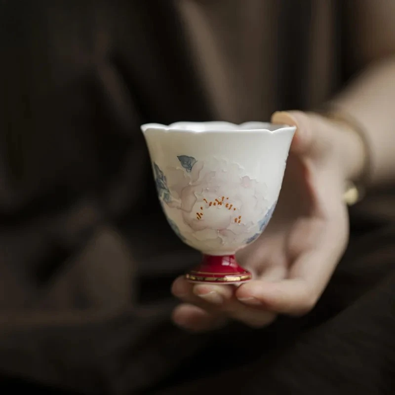 75ml Handmade Flower Mouth Large Master Cup Hand Drawn Stacked Peony Tea Cup High End Gold Plated Tea Cup Kung Fu Tea Supplies