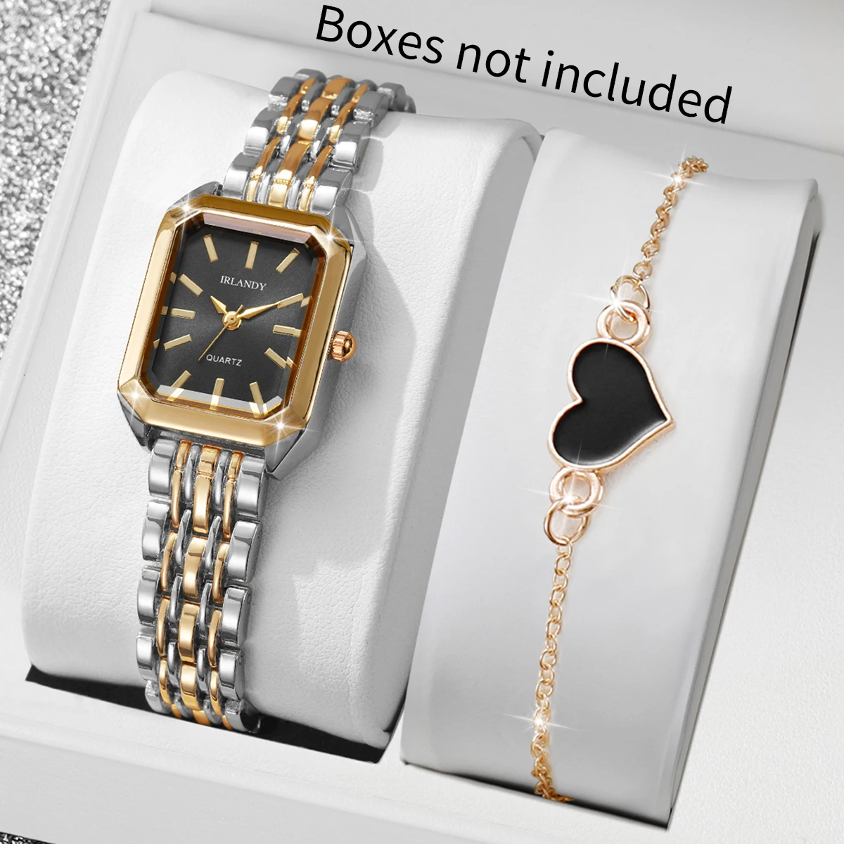 2PCS/Set Fashion Rectangle Women Watches Steel Strap Ladies Quartz Wrist Watch Heart Bracelet Set Reloj Mujer (Without Box)