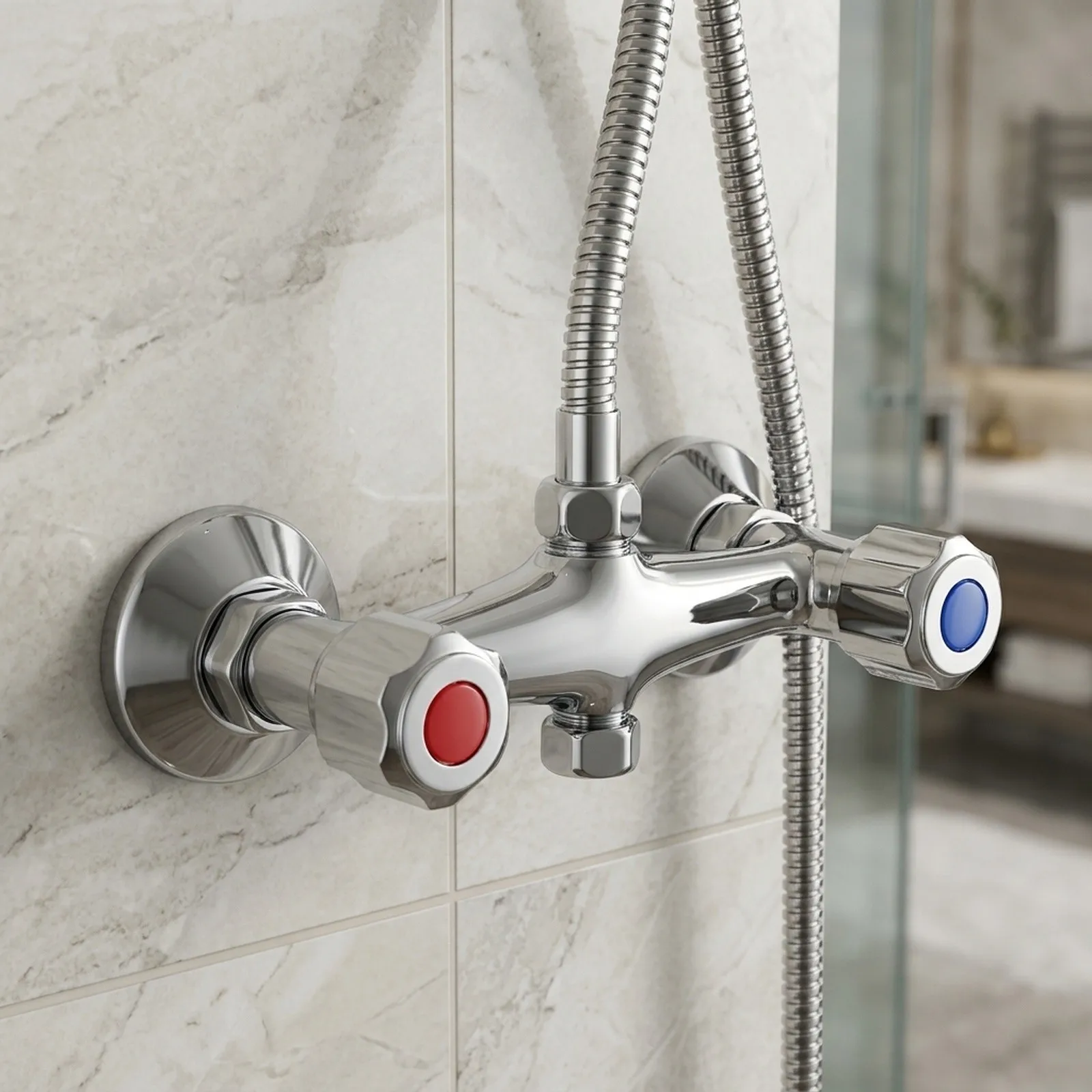 Brass Valve Twin Outlet Chrome Shower Mixer for taps Bar for durable Copper Construction Safe and Stable Performance Easy