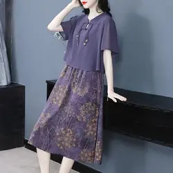 Fake Two Pieces Spliced Midi Dress Summer Short Sleeve Female Clothing Stylish Chinese Disc Buckle Vintage Printed Loose Dresses