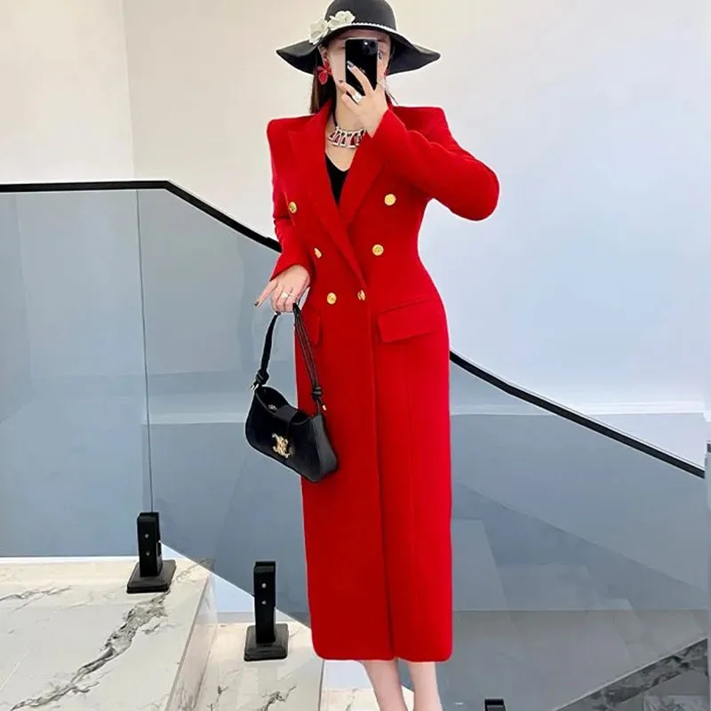 

Autumn Winter Fashionable Elegant Lapel Women Woolen Coat 2025 New Red High-Quality Thick Double-Breasted Women Woolen Coat H468