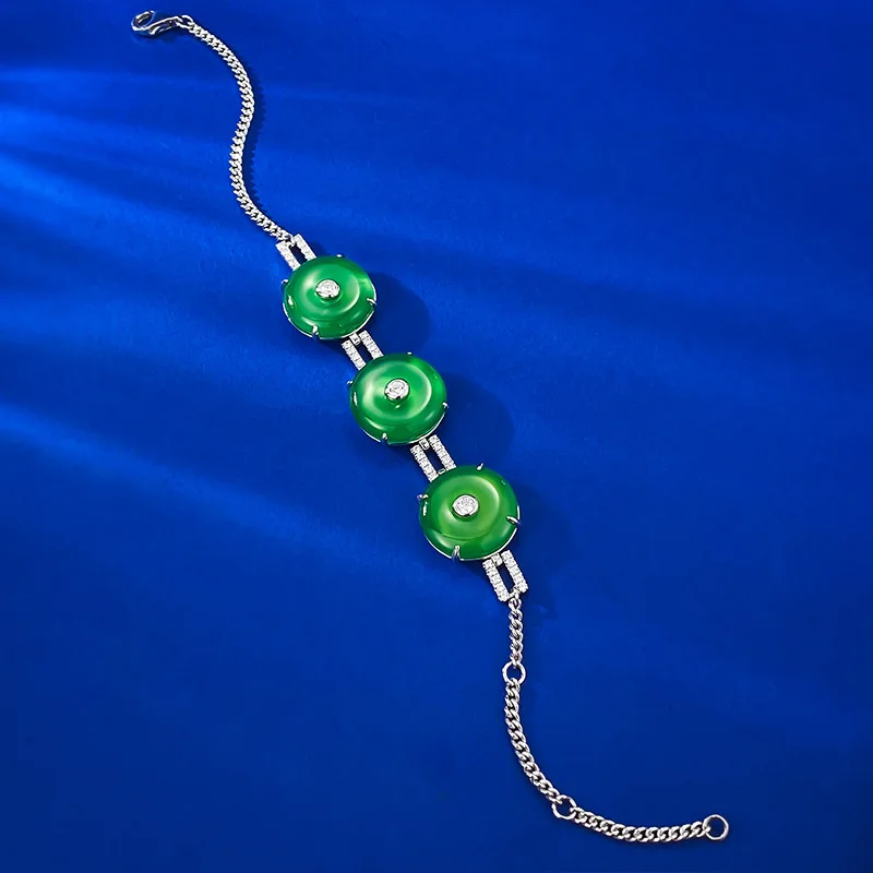 S925 Silver Inlaid Natural High Ice Green Jade Chalcedony Bracelet for Women's New Chinese Safe Button Bracelet Live Broadcast