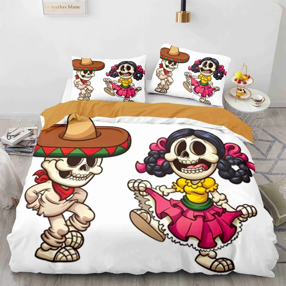Sugar Skull King Queen Duvet Cover Funny Skeleton Halloween Bedding Set Gothic Spooky Bone Quilt Cover Polyester Comforter Cover