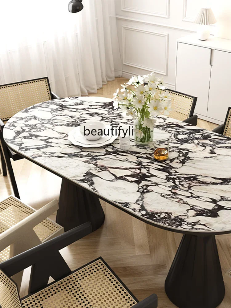 R11 French Holy Cup Dining Table Calacatta Purple Marble Pattern Solid Wood Stone Plate Dining Table and Chair