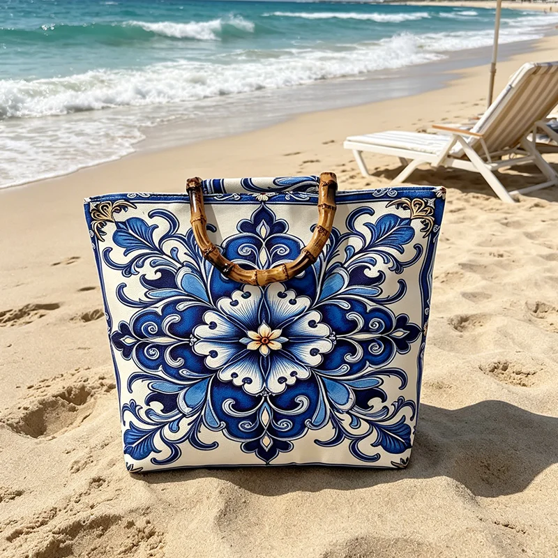 Blue and White Porcelain Mandala Print Faux Bamboo Handle Tote Bag, Faux Bamboo Handle Casual Handbag