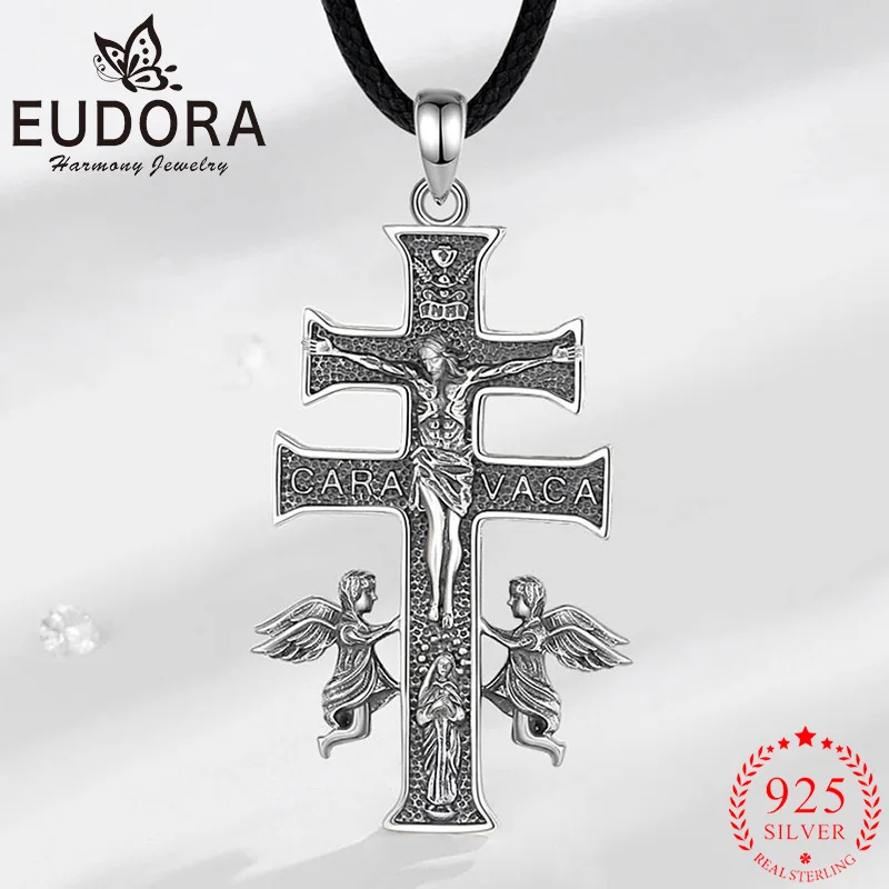 Eudora 925 Sterling Silver Jesus Caravaca Cross Necklace Angel Amulet Christian Pendant Men Women Vintage Personality Jewelry