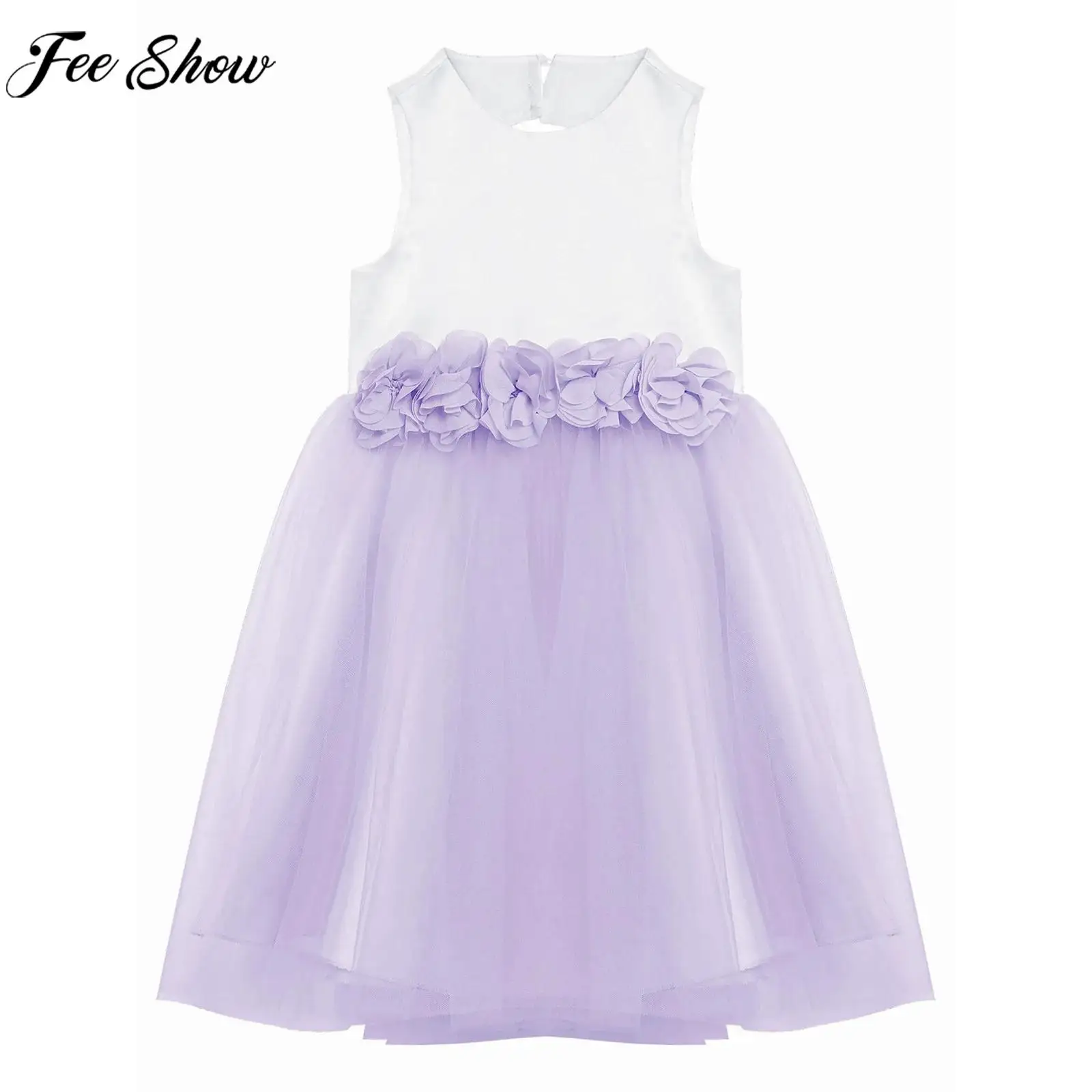 

Toddler Girls Baptism Birthday Wedding Party Dress Sleeveless Applique Sweet Mesh Tutu Princess Ball Gown Photography Costume