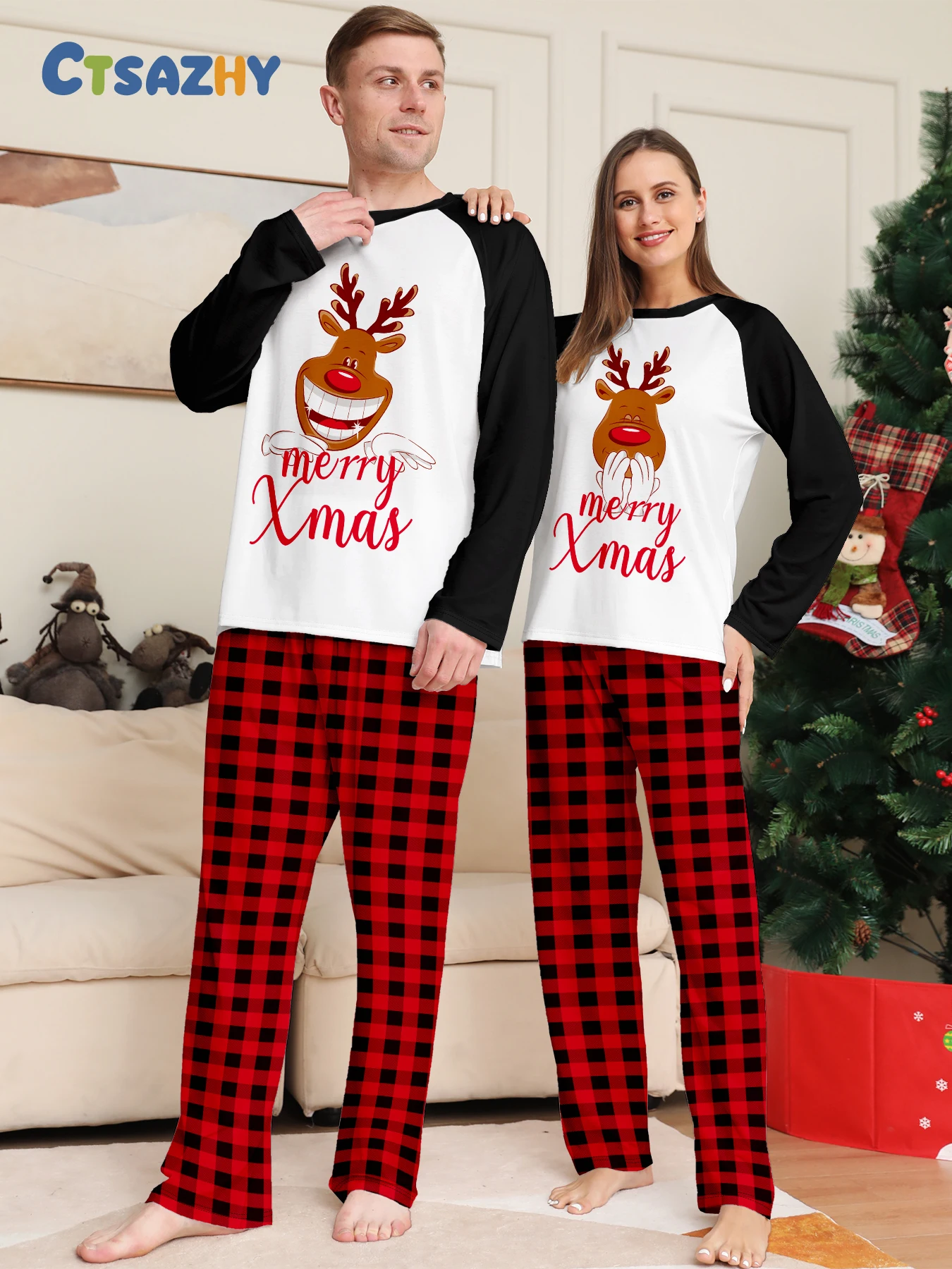 

Christmas Couple Sleepwear Set - Raglan Sleeve Black & White Reindeer "Merry Xmas" Print & Red Plaid Pants Pajamas