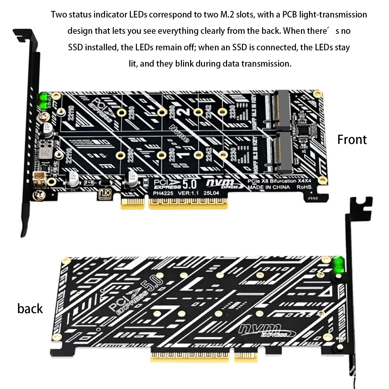 

Карта расширения PH4225 PCIe 5.0 8X для NVMe с двумя отсеками, адаптер для подключения двух NVMe-накопителей к PCIe M для передачи данных