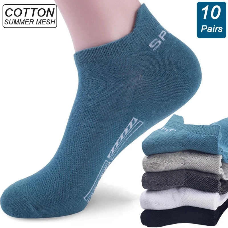 Chaussettes de sport en coton respirant pour hommes, 10 paires, haute qualité, maille, décontracté, athlétique, été, coupe fine, courtes, taille 38-46