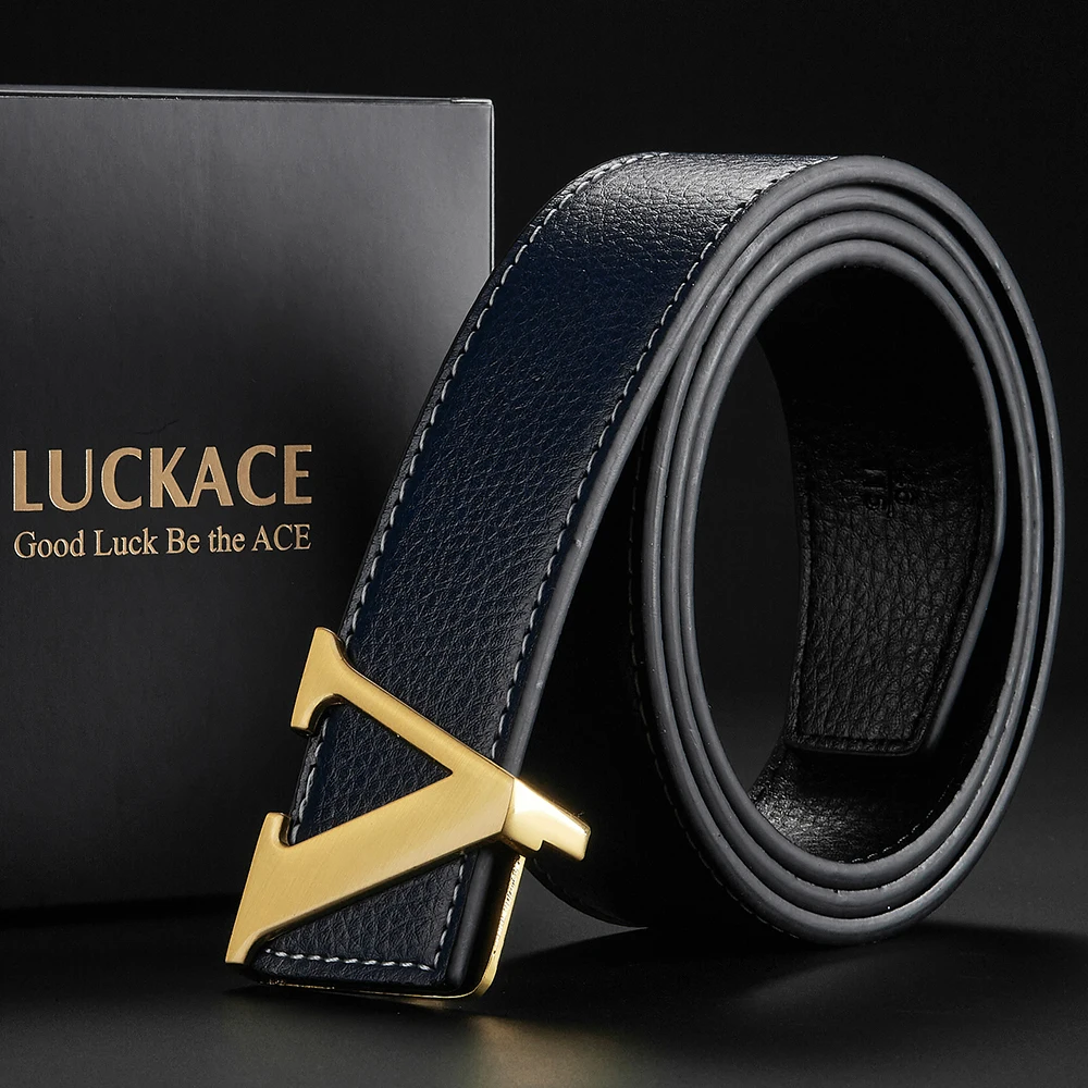 LUCKACE Letter Design Belt for Men Good Quality Alloy Smooth Buckle V Leather 3.6cm Wide Belts for Women Gifts Idea with Box Ori