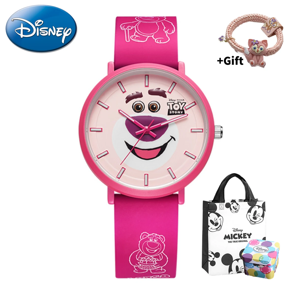 Disney Toy Story Cute Strawberry Bear Dial Luminous Student Quartz Watch Gift for Children with Gift Box