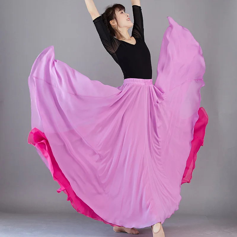 

2026 Fashion 720-degrees Double-deck Big-hem Chiffon Skirt Women's Dance Show Elegant Skirts Elastic Waist Two-sided Wear Skirts