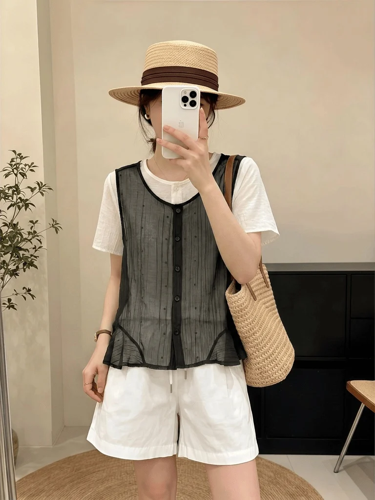 Summer New Polka Dot Mesh Tank Top Short Sleeve Women's Shirt Thin Size Large MM Upper Body Two-Piece Set Commute Style