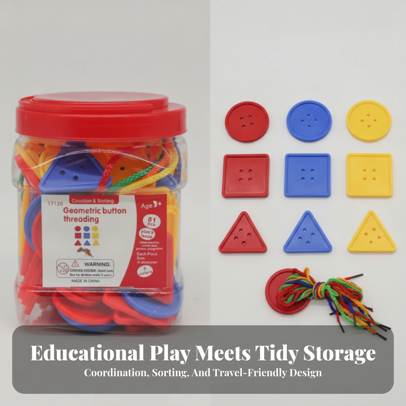 Geometric Button Threading Toy BPAwithout Button Lacing Toy with Storage Jar Shape Matching Game Non for Young Children