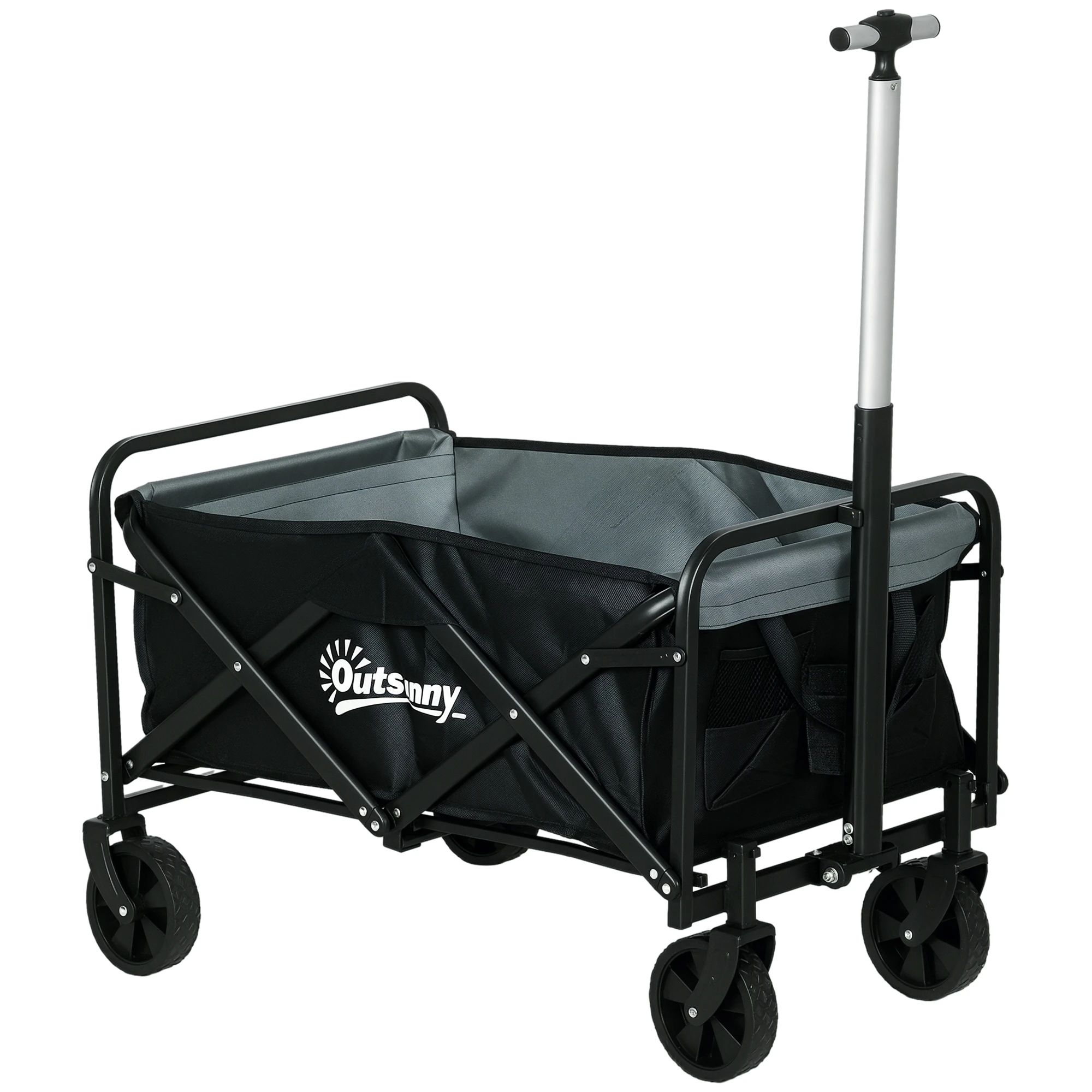 Outsunny Carro de Jardín Plegable con 4 Ruedas Longitud y Ángulo del Mango Ajustables Capacidad 70 L 77x50x63-93 cm Negro
