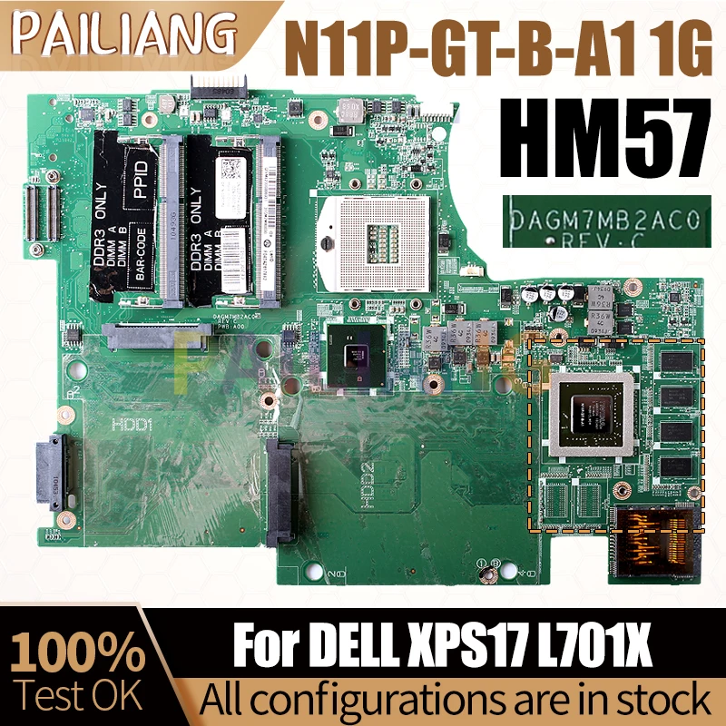 For DELL XPS17 L701X Notebook Mainboard DAGM7MB2AC0 N11P-GT-B-A1 1G HM57 Laptop Motherboard Full Tested