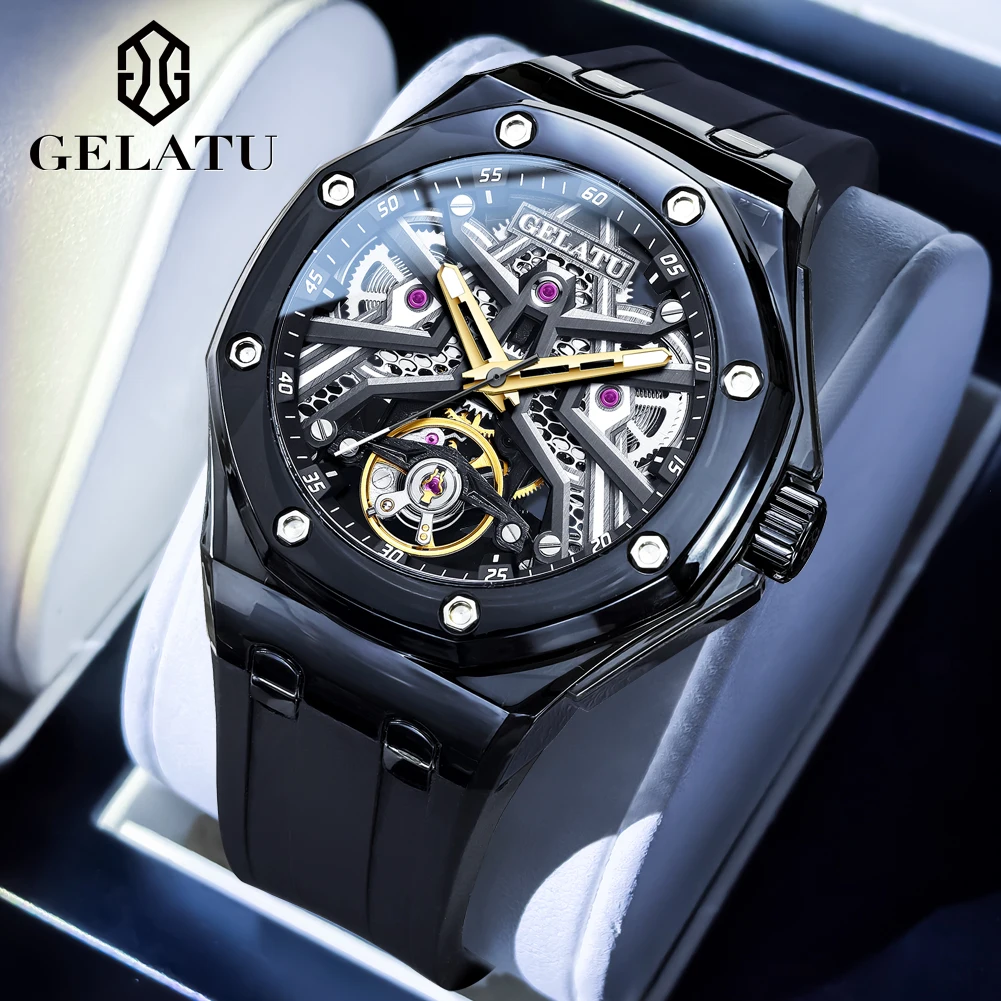 

GELATU 8002 Mens Watch Luxury Skeleton Flywheel Automatic Mechanical Watch﻿ 50M Waterproof Luminous Silicone Watches For Men