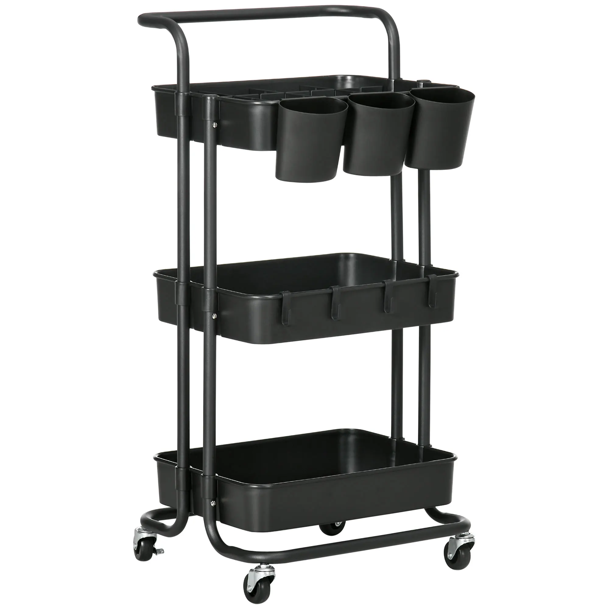 HOMCOM Chariot à 3 niveaux desserte étagère de rangement à roulettes avec 4 crochets et 3 boites suspendues amovibles pour salle de bain, cuisine, bureau 42 x 38 x 86,5 cm - noir