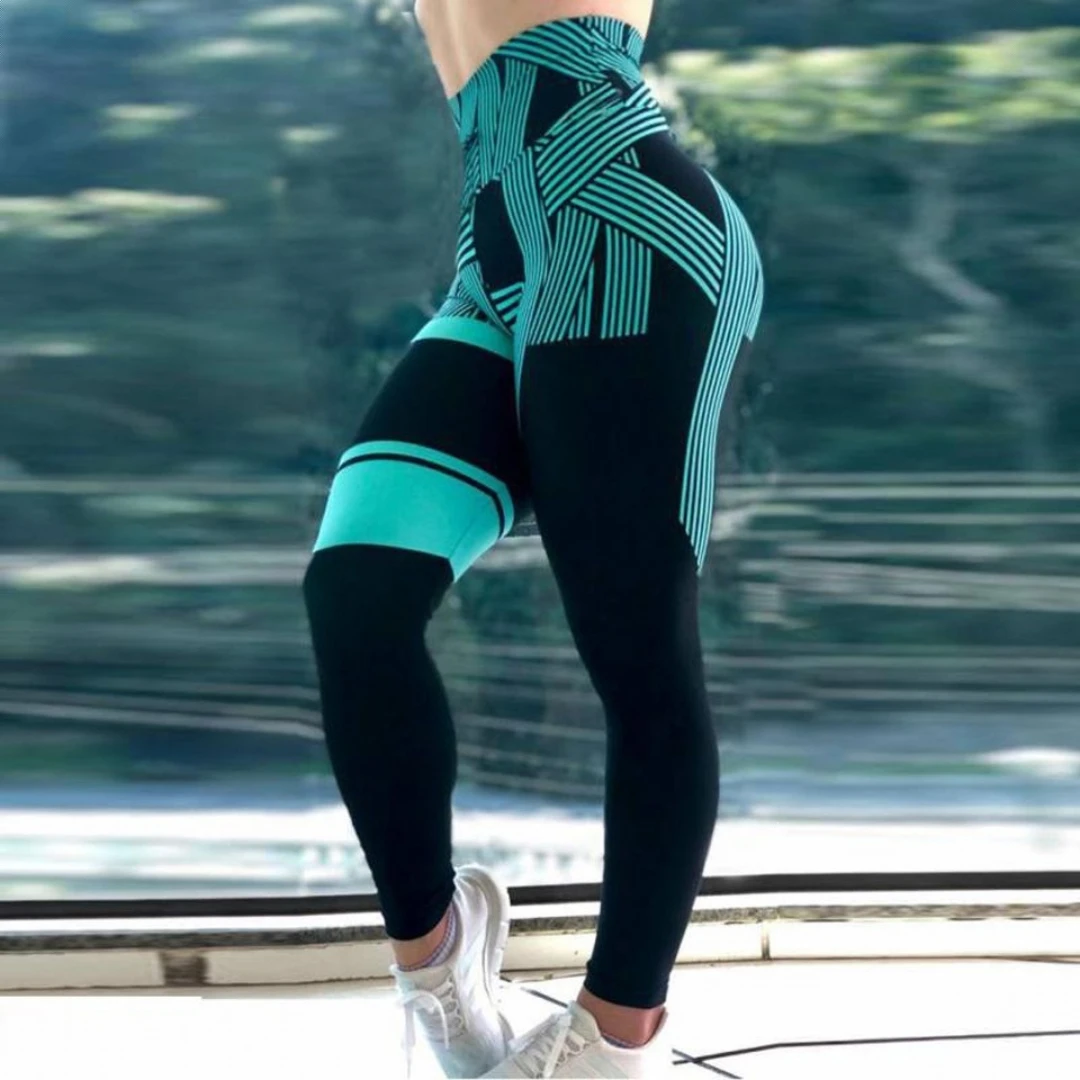 Striped digital-printed high-waist hip-lifting fitness/yoga workout leggings for women.