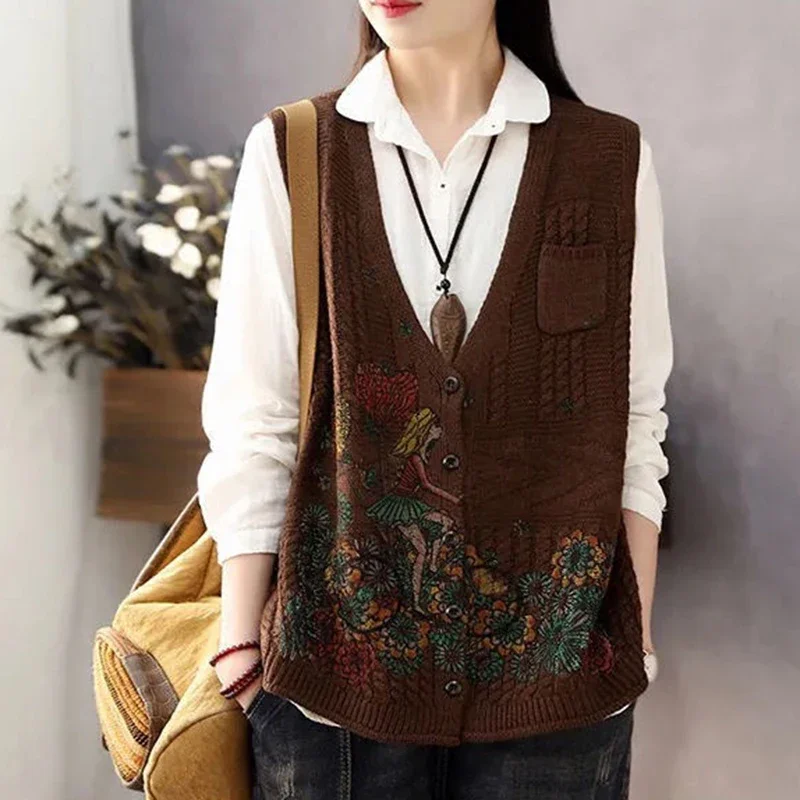 SALEQI Vintage Style V Neck Cardigan Vest 2024 Spring Autumn New Fashion Print Knit Sleeveless Jacket Female Sweater Vest Women