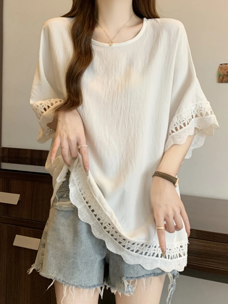 Loose Short Sleeve T-Shirt Women's Summer Fashion plus Size Base Shirt Fat MM Belly Covering High-End Lace Splicing Top