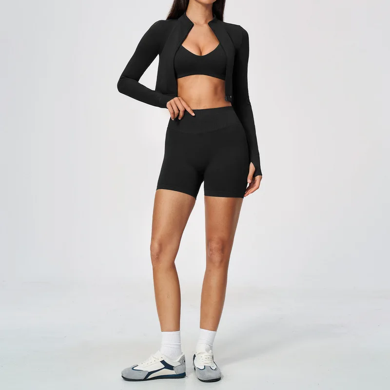 Women 3 Piece Seamless Yoga Set Stand Collar Zip Up Jacket Sports Bra High Waist Shorts Breathable Pilates Fitness Outfit
