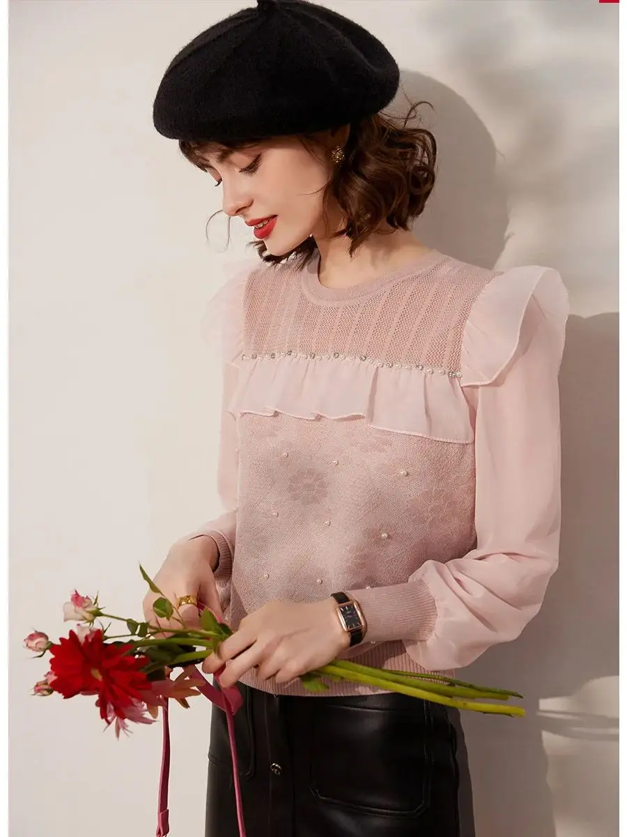 LOUIS YAO Women Knitwear Top 2024 Spring New Bead Jacquard Weave Top Round Neck Long Sleeve Elegant Lace Sweater Casual Top