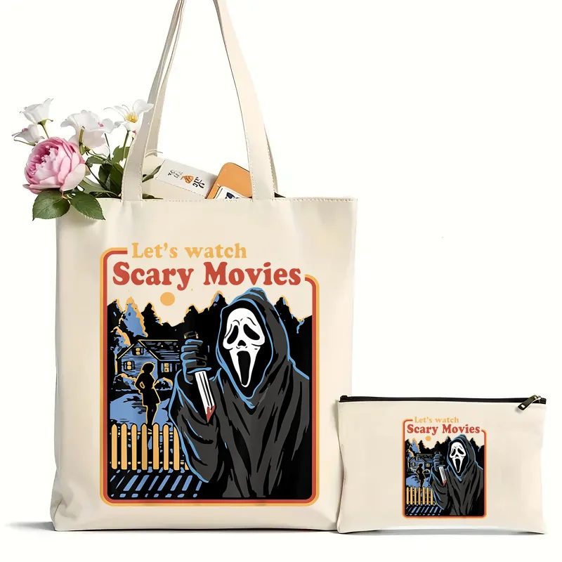 2Pcs Halloween Funny Cartoon Horror Movie Tote Bag, Large Capacity Canvas Shoulder Bag, Perfect Halloween Festival Shopping Bag