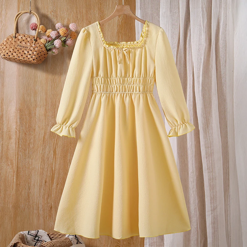Girls 8-12 Light Yellow Midi Dress, Square Neck Ruffled Long Sleeve Elastic Waist Flowy Dress Spring Autumn Kids Outfit