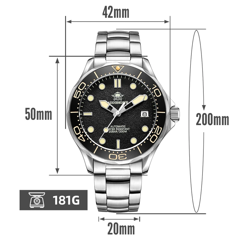 ADDIESDIVE Men Luxury Watch C3 Super Luminous NH35 Sapphire Crystal Reloj Hombre 200m Diving Automatic Mechanical Watches