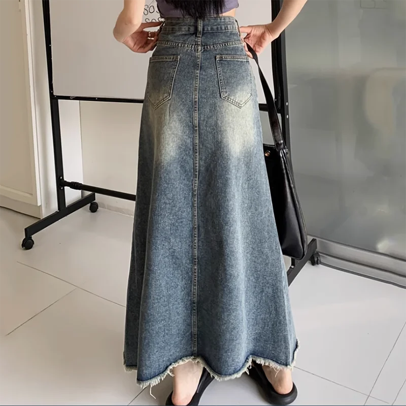 Women's Vintage Old Denim Skirt, High Waist, Thin Burrs, Single-Breasted, A-Word Dress, Spring, Summer, Korean, New