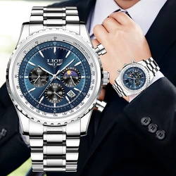 LIGE Brand Luxury Quartz Man Watch Moon Phase Stainless Watches for Men Casual Sports Waterproof Date Extraordinary Wristwatches