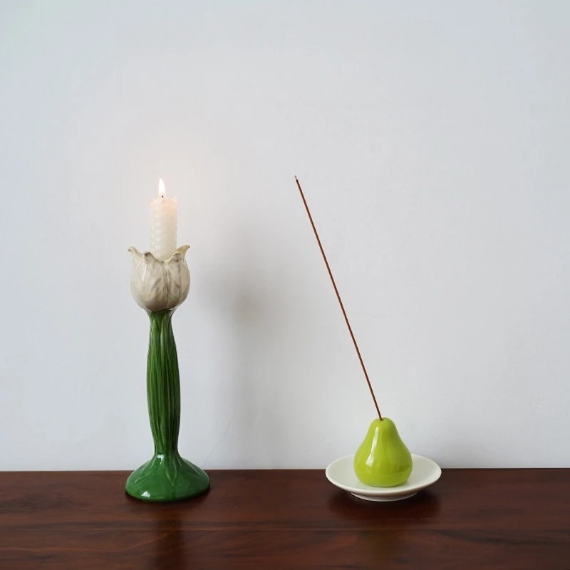 Hand-Painted Green Pear Ceramic Incense Holder,Minimalist Stick Burner with Tray for Desk,Cute Photo Prop Home Decor,Unique Gift