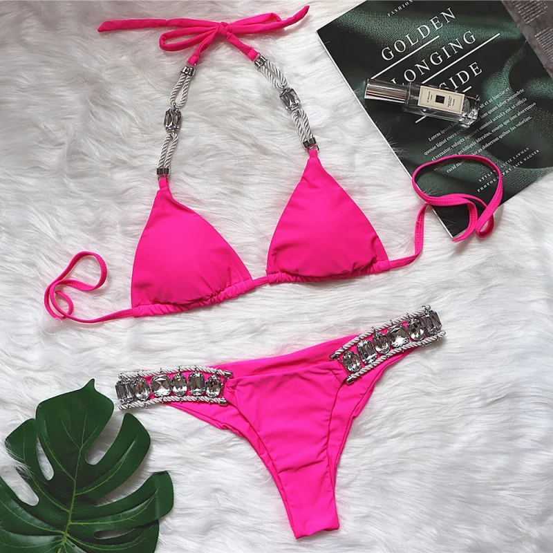 Badpak Sexy Crystal Diamond damesbadpak Effen band-backless bikini