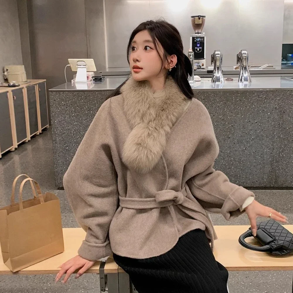

Reality New Real Fox Fur Short Wool Jacket Casual Double Faced Cashmere Coat Street Women Petite Autumn Winter Women Woolen Coat