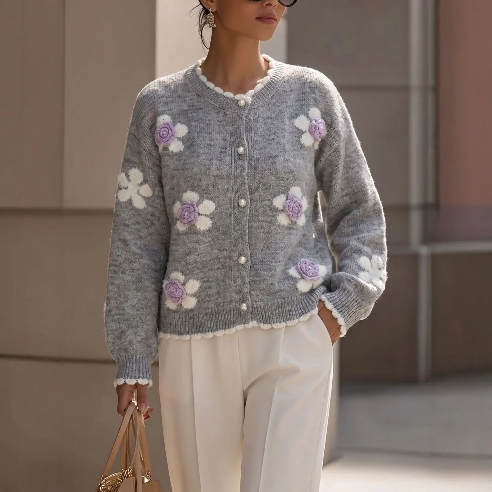 Chic Flower Knitted Cardigan Women's 2026 Autumn Sweaters Jumpers and Winter Crew Neck Sweater Jacket Lazy Wind Top Y2K