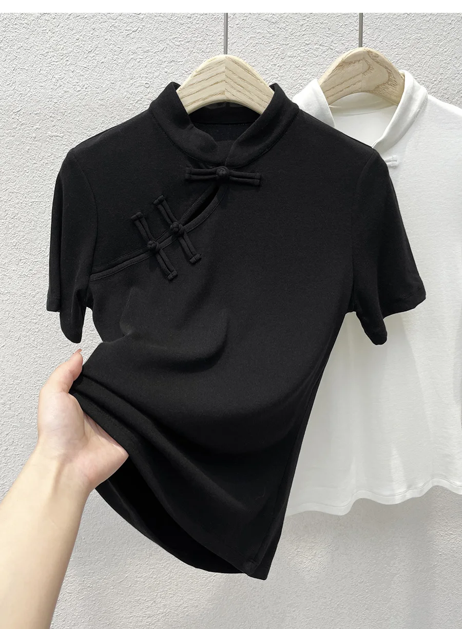 New Chinese Style Women's Short Sleeve T-Shirt Black Stand Collar Base Shirt Spring Summer 2026 Embroidered Button Detail Sli...