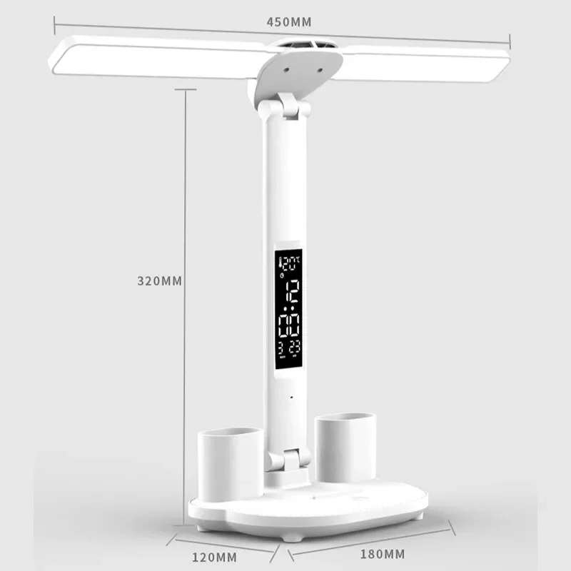 LED Clock Table Lamp USB Chargeable Dimmable Desk Lamp 2 Heads 180 Rotate Foldable Eye Protection Reading Night Light