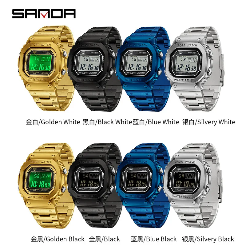 SANDA 2162 Square Electronic Watch Fashion Waterproof Night Light Gold Black Silvery Stainless Steel Strap Wristwatch for Men