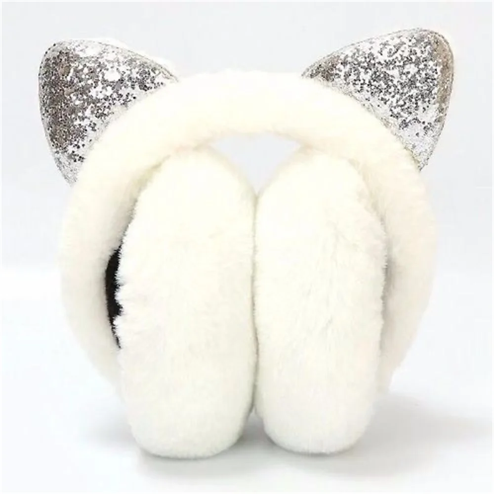 2023 New Sequin Plush Winter Warm Earmuffs Women Girls Cat Ears Fluffy Earflap Warmers Outdoor Earmuffs Fluffy Earflap Headband