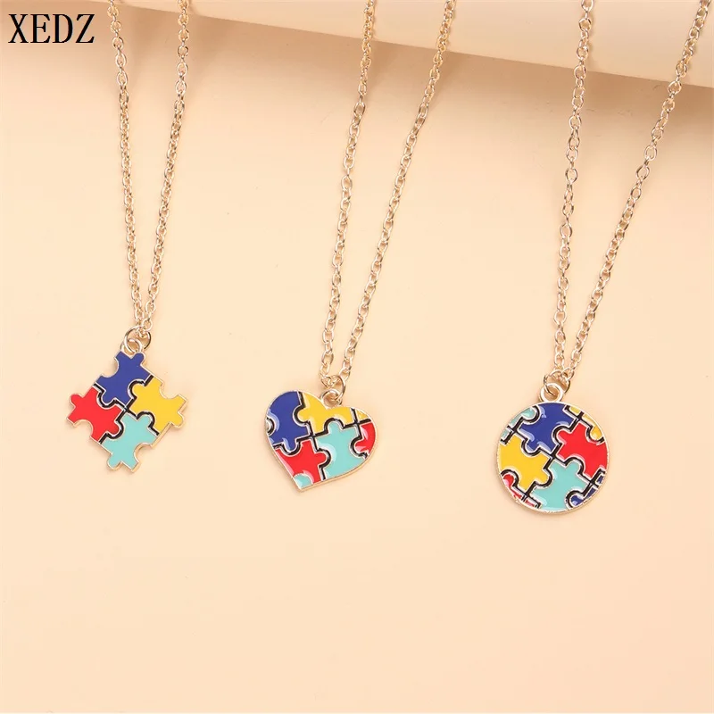 XEDZ Colorful Puzzle Necklace Women Heart Shape Round Square Enamel Pendant Necklace Autism Awareness Fashion Jewelry Gift