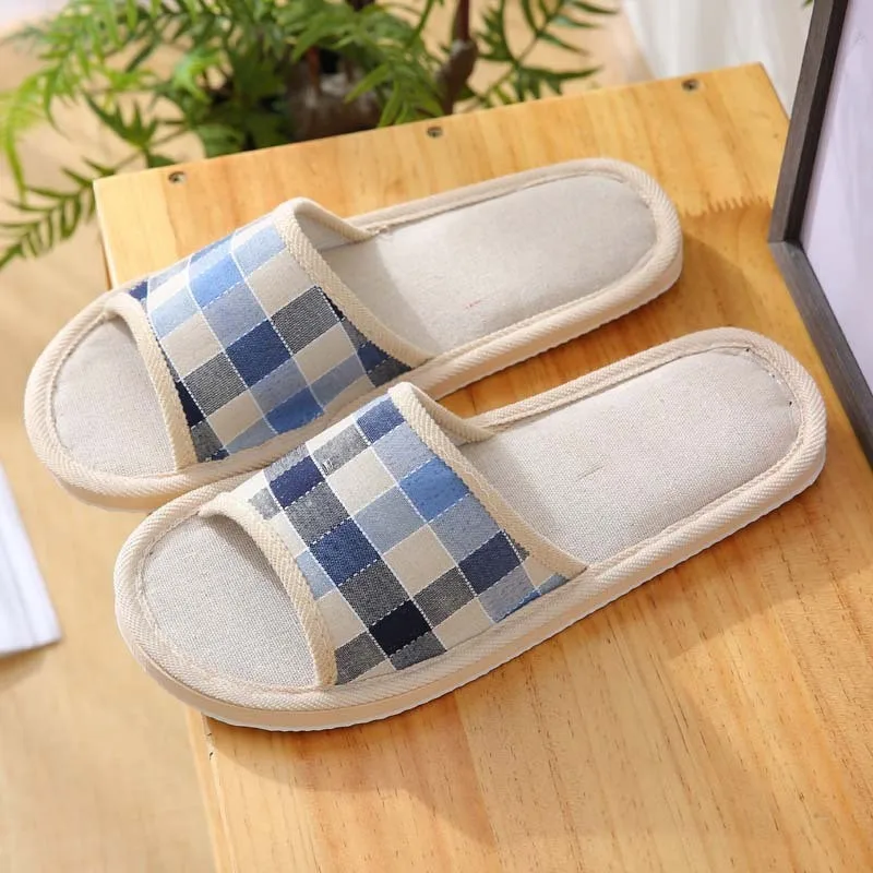 

Couple Flip Flops Slides Striped Linen Four Season Indoor Slippers Women Cotton Non-slip Soft Bottom Home Wood Floor Sandals