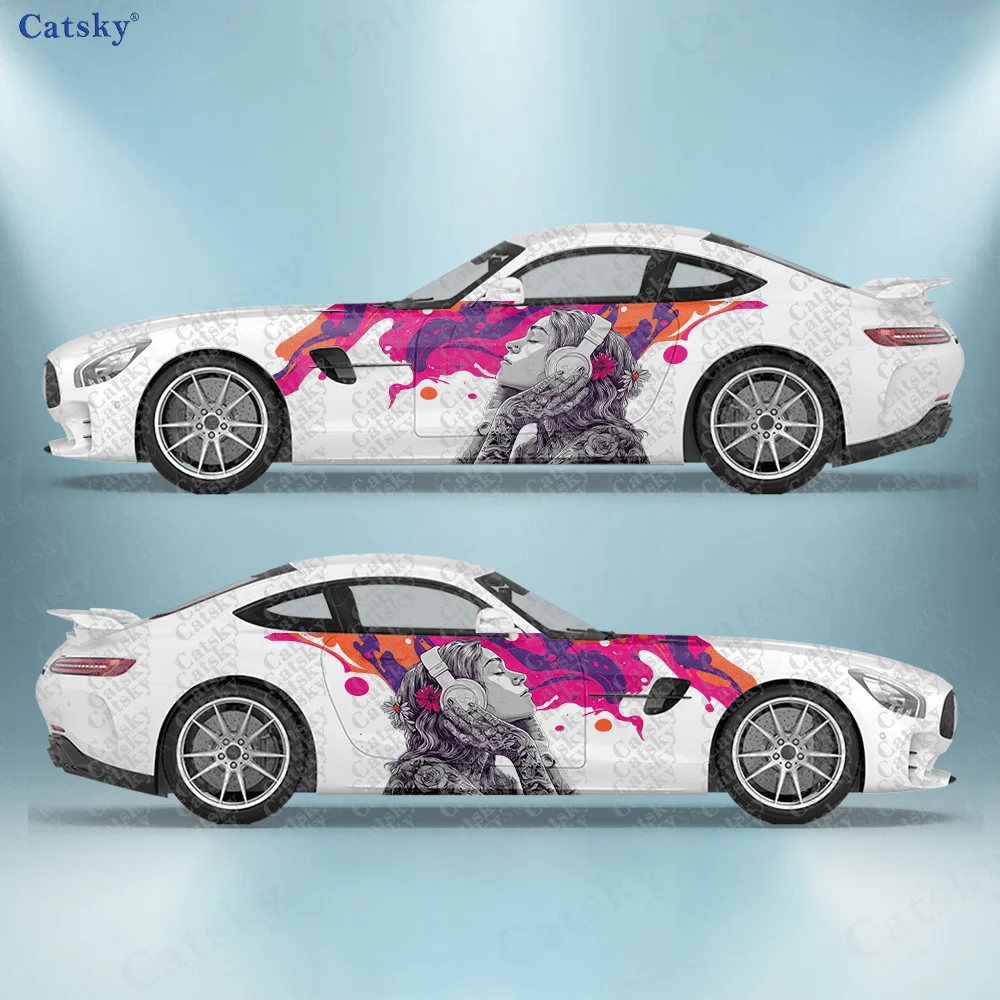 

2 шт. наклеек на боковые части автомобиля с изображением девочки, слушающей музыку, самоклеящиеся, из ПВХ, водонепроницаемые и устойчивые к царапинам, аксессуар для автомобиля, подарок