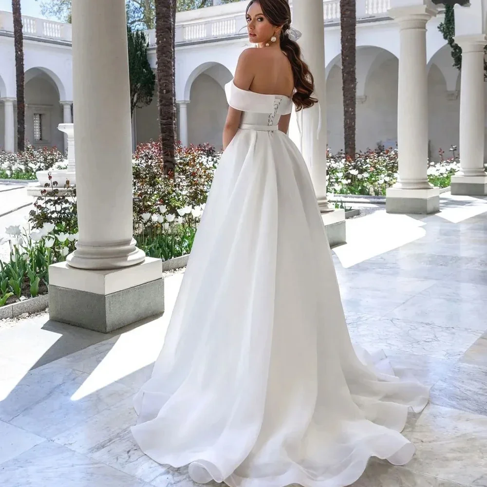 Elegante vestido De Novia blanco De lujo, línea A, escote Corazón, Espalda descubierta, satén, hombros descubiertos