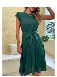 Abiti Midi pieghettati solidi da donna estate Casual o-collo manica corta vestito dalla fasciatura increspato femminile Beach Chic A Line Dress Vestidos